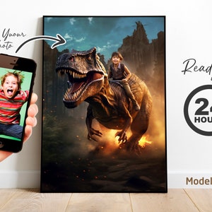 Personalized Dinosaur Portait - Boy riding a dinosaur - Custom Boy With Dinosaur Portrait From Your Photo - Gift For Kids - t-rex Jurassic