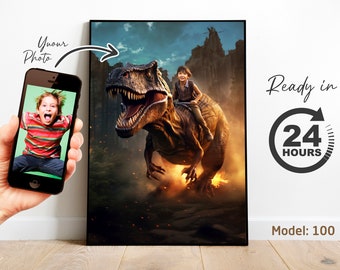 Personalized Dinosaur Portrait for Boys | Custom T-Rex Artwork from Photo | Fun Jurassic Birthday Gift Idea (Digital File)