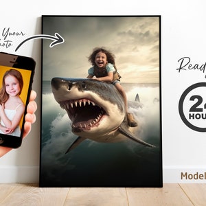 Child Riding Shark, Megalodon Art, Custom Portrait, From Photo, Shark Birthday Party, Gifts for Kids, Gifts for valentine, Personalized gift
