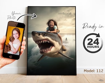 Custom Child Riding Shark Portrait from Photo | Personalized Ocean Themed Kids Artwork | Fun Gift (Digital File)