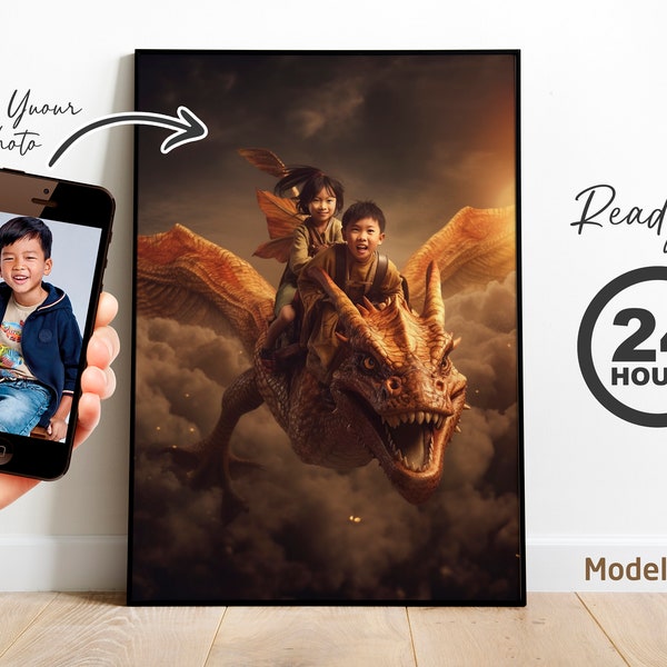 Kids gift Dragon Riding, Child portrait personalization, Custom Portrait from Photo, Birthday Party, Gifts for Kids, 2 children at once