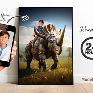 Portrait personnalisé de garçon chevauchant un dinosaure, dinosaure du Jurassique, tricératops - Portrait personnalisé de dinosaure à partir de votre photo - Cadeau pour les enfants