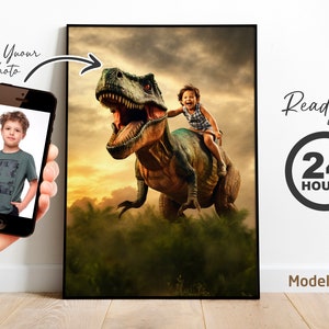 Personalized T-Rex Portrait of Kid Riding Dinosaur | Custom Jurassic Art from Photo | Dinosaur Birthday Gift for Kids, Birthday gift