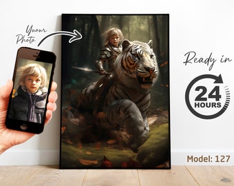 Personalized Knight Riding Tiger Portrait: Custom Warrior Gift (Digital File)