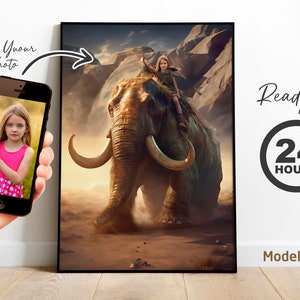 Retrato de menino montando mamute | Retrato especial da era do gelo da foto | Festa de aniversário gigantesca | retratos medievais, animais da era glacial
