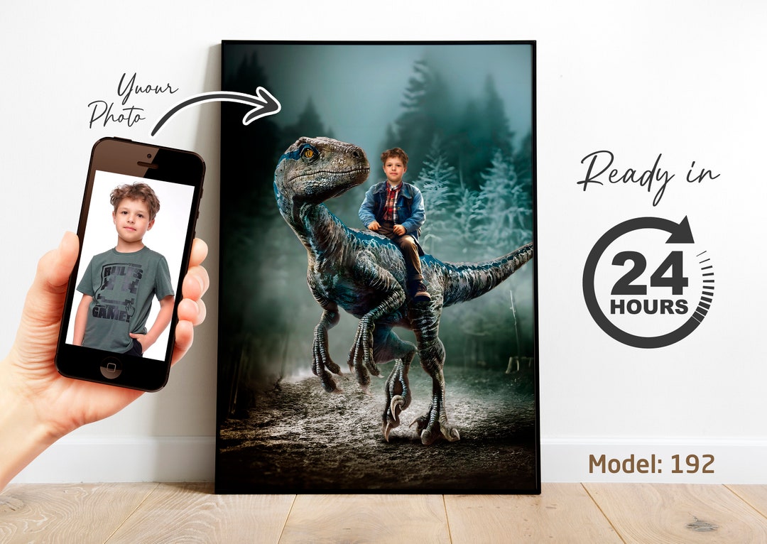 Child Riding Velociraptor Portrait | Personalized Dinosaur Artwork From ...