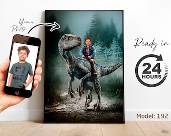 Child Riding Velociraptor Portrait | Personalized Dinosaur Artwork from Your Photo | Custom Kids Adventure Gift (Digital File)