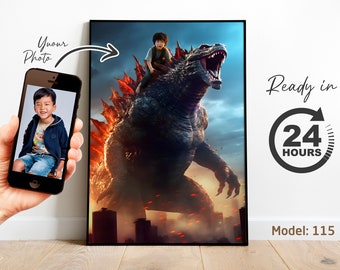 Retrato personalizado de Godzilla: Niño montando un monstruo (descarga digital)