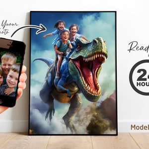 Dinosaur art gift,, With three children Personalized Ride on Dinosaur T-Rex Jurassic, Custom Portrait from Photo, Gifts for Kids and Adult