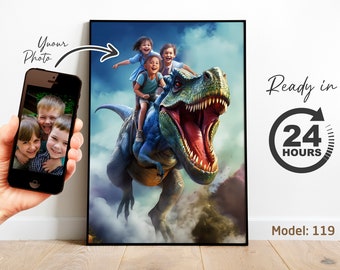 Personalized Dinosaur Portrait | Custom Artwork from Photo | Unique Jurassic Kids Birthday or Adventure Gift (Digital File)