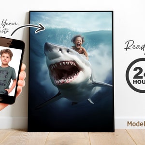 Custom Watercolor Portrait: Boy Riding Shark Art (Digital File)