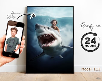 Personalized Boy Riding Shark Portrait | Custom Artwork from Photo | Fun Kids Ocean Birthday or Adventure Gift (Digital File)