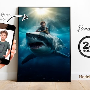 Personalized Shark Portrait: Child Riding Megalodon, Custom Watercolor Art (Digital Download)