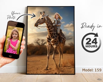 Personalized Giraffe Ride, African safari animals, Custom Portrait from Photo, Boy riding Giraffe, Gifts for Kids and Adults, Christmas gift