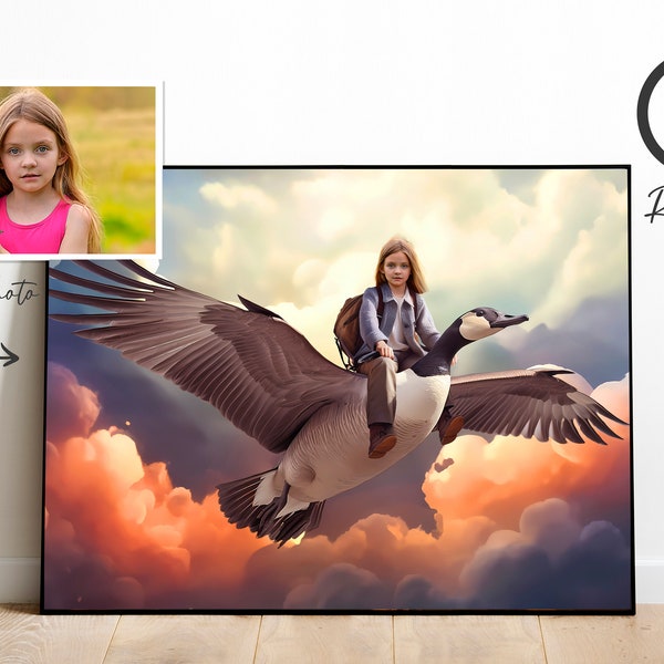 Goose rider Art, Personalized canada goose, Custom Portrait from Photo, Canada goose poster gift, Gifts for Kids and Adults, gift for adults