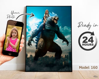 Jinete de Godzilla personalizado, regalo personalizado de Godzilla, retrato personalizado a partir de una foto, regalo de Godzilla, regalo para niños, regalo para adultos, regalo para nietos