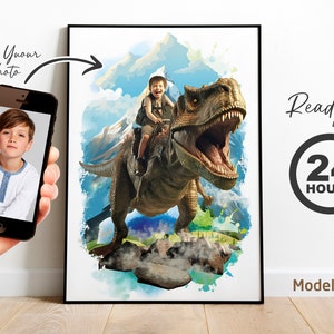 Personalized Child Riding T-Rex Jurassic Dinosaur Art, Custom Portrait From Photo, Dinosaur Birthday Party, Gifts for Kids and Adults