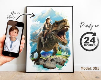 Personalized Child Riding T-Rex Dinosaur Portrait | Custom Artwork from Photo | Fun Jurassic Birthday Gift (Digital File)