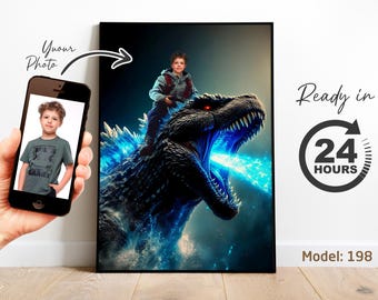 Retrato infantil personalizado / Niño montando un Godzilla azul / Ilustración personalizada a partir de una foto / Regalo de cumpleaños divertido (archivo digital)