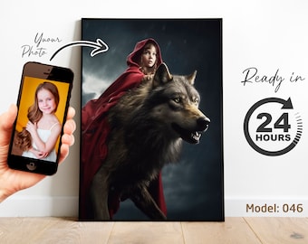Child Riding Wolf Portrait | Custom from Photo | Red Riding Hood Fantasy Art | Kids Birthday Gift Digital (Digital File)
