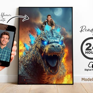 May include: Digital art print featuring a man riding a Godzilla-like creature with glowing blue spines and eyes. The artwork is set against a fiery background. The image includes the text "Your Photo" and "Ready in 24 Hours."