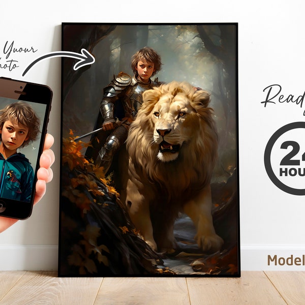 Personalized knight riding on a lion, Custom kingdom Portrait from Photo, warrior portrait, Lion Birthday Gift, Gifts for Kids and Adults