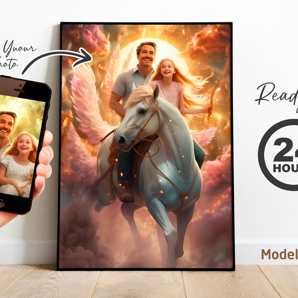 Personalized Art of riding the King's white horse, Custom Family Portrait from Photo, Unicorn Birthday Party, gift family and forgrandchild