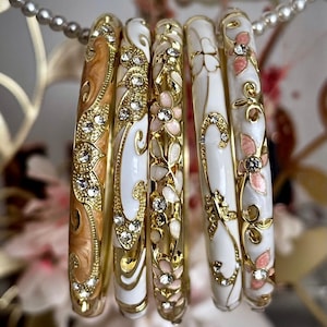 Vintage Gold Bangle Stack, Floral Enamel Bracelet Set, Crystal Bangles, Cottagecore Jewellery, Boho Bracelet Stack, Gift for Her