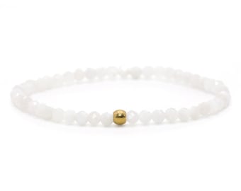 Pulsera de piedra preciosa de piedra lunar genuina 3 mm facetado blanco brillante bola de acero inoxidable dorado joyería de alta calidad regalo filigrana delicada