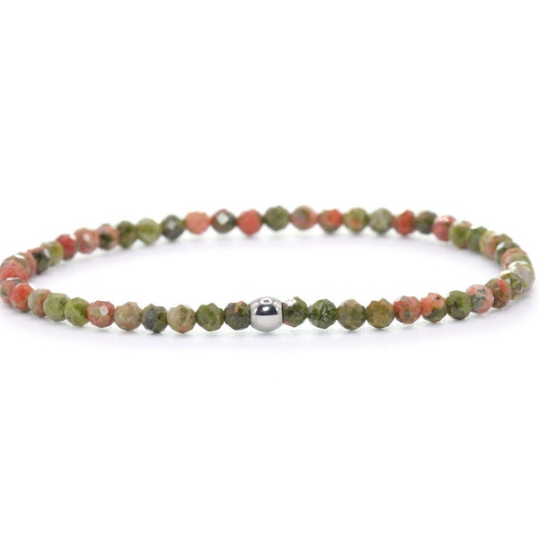 Genuine unakite gemstone bracelet 3 mm faceted green red orange shiny stainless steel ball high-quality jewelry gift filigree delicate