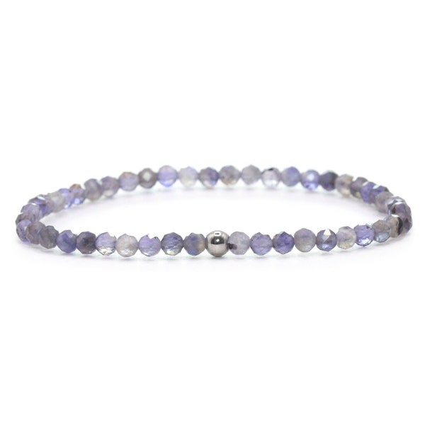 Echtes Iolith Edelstein Armband 3mm facettiert blau-grau glänzend silberne Edelstahlkugel hochwertiger Schmuck Geschenk filigran zierlich