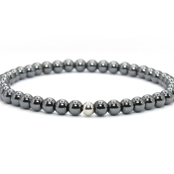 Echtes Hämatit Armband 4mm  silber glänzend silberne Edelstahlkugel hochwertiger Schmuck Geschenk filigran zierlich