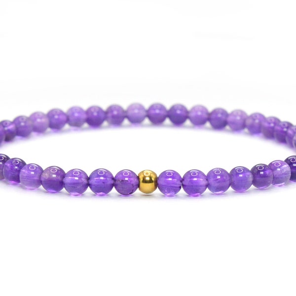 Genuine amethyst gemstone bracelet 4 mm purple violet shiny golden stainless steel ball high-quality jewelry gift filigree delicate