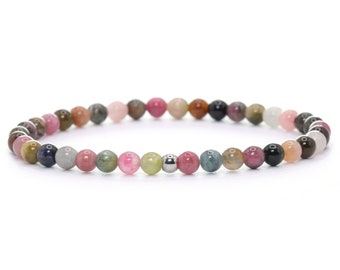 Genuine mixed tourmaline gemstone bracelet 4 mm colorful white pink shiny stainless steel ball high-quality jewelry gift filigree dainty