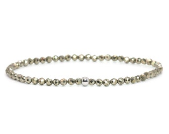 Genuine pyrite gemstone bracelet 3 mm faceted gold shiny stainless steel ball high-quality jewelry gift filigree