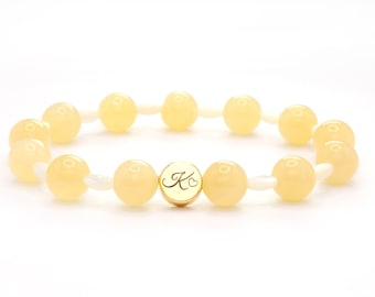 Echtes Calcit Edelstein Armband Perlen 8mm Gelb Perlmutt Weiß Edelstahl vergoldet Gold Schmuck Geschenk Energie Glück Liebe Heilung