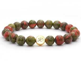 Bracelet en pierres précieuses unakite véritable, perles de 8 mm, vert naturel, rouge, marron, acier inoxydable, plaqué or, bijoux polis, cadeau, bonne chance, amour, guérison