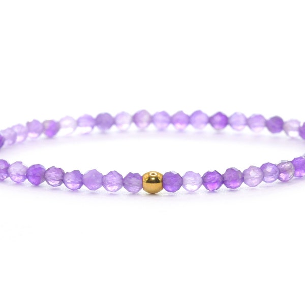 Genuine amethyst gemstone bracelet 3 mm faceted violet shiny golden stainless steel ball high-quality jewelry gift filigree delicate