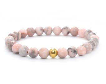 Genuine pink zebra jasper gemstone bracelet 6 mm pink gray white shiny stainless steel ball high-quality jewelry gift filigree dainty