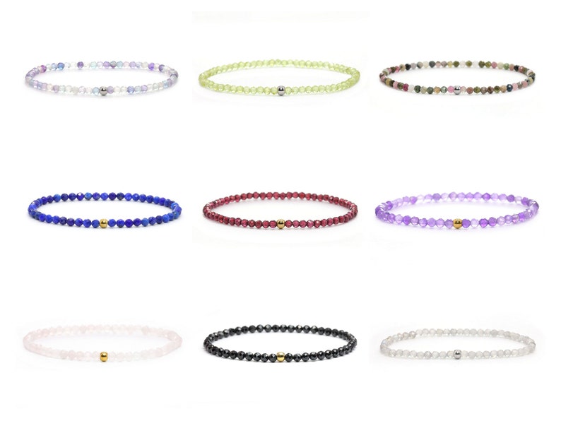 Genuine gemstone bracelet 3 mm beads faceted moonstone tourmaline amazonite rhodonite lapis lazuli ruby garnet fluorite sunstone aquamarine image 1