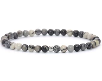 Genuine matrix jasper gemstone bracelet 4 mm gray black striped shiny stainless steel ball high-quality jewelry gift filigree delicate