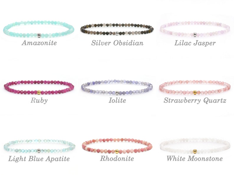 Genuine gemstone bracelet 3 mm beads faceted moonstone tourmaline amazonite rhodonite lapis lazuli ruby garnet fluorite sunstone aquamarine image 6