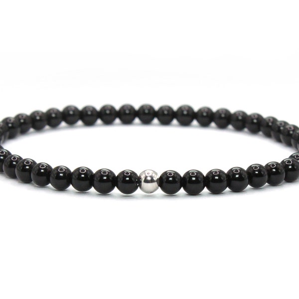 Bracelet en pierre précieuse onyx véritable 4 mm noir brillant argent boule en acier inoxydable bijoux de haute qualité cadeau filigrane délicat