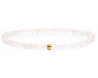 Véritable bracelet quartz rose 3 mm facetté rose tendre brillant doré boule en acier inoxydable bijoux de haute qualité cadeau filigrane délicat