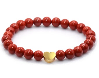 Bracelet de pierres précieuses de jaspe véritable avec perles rouges de 6 mm et acier inoxydable coeur santé guérison pierre de guérison protection bonheur amour foi