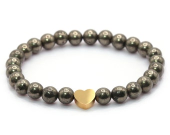 Véritable bracelet de pierres précieuses de pyrite avec perles dorées de 6 mm et acier inoxydable coeur santé guérison pierre de guérison protection bonheur amour foi