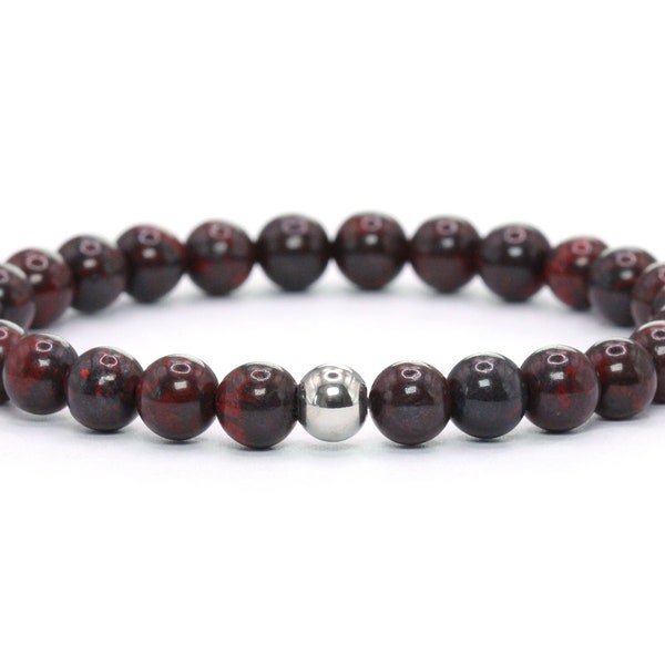 Echtes Chinesischer Blutstein Edelstein Armband 6mm schwarz rot glänzend Edelstahlkugel hochwertiger Schmuck Geschenk filigran zierlich