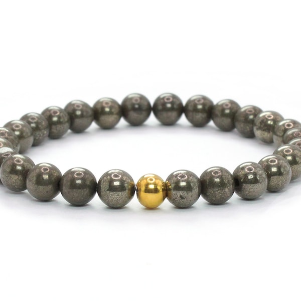 Véritable bracelet en pierre précieuse de pyrite avec perles dorées de 6 mm et boule en acier inoxydable doré santé guérison pierre de guérison protection bonheur amour