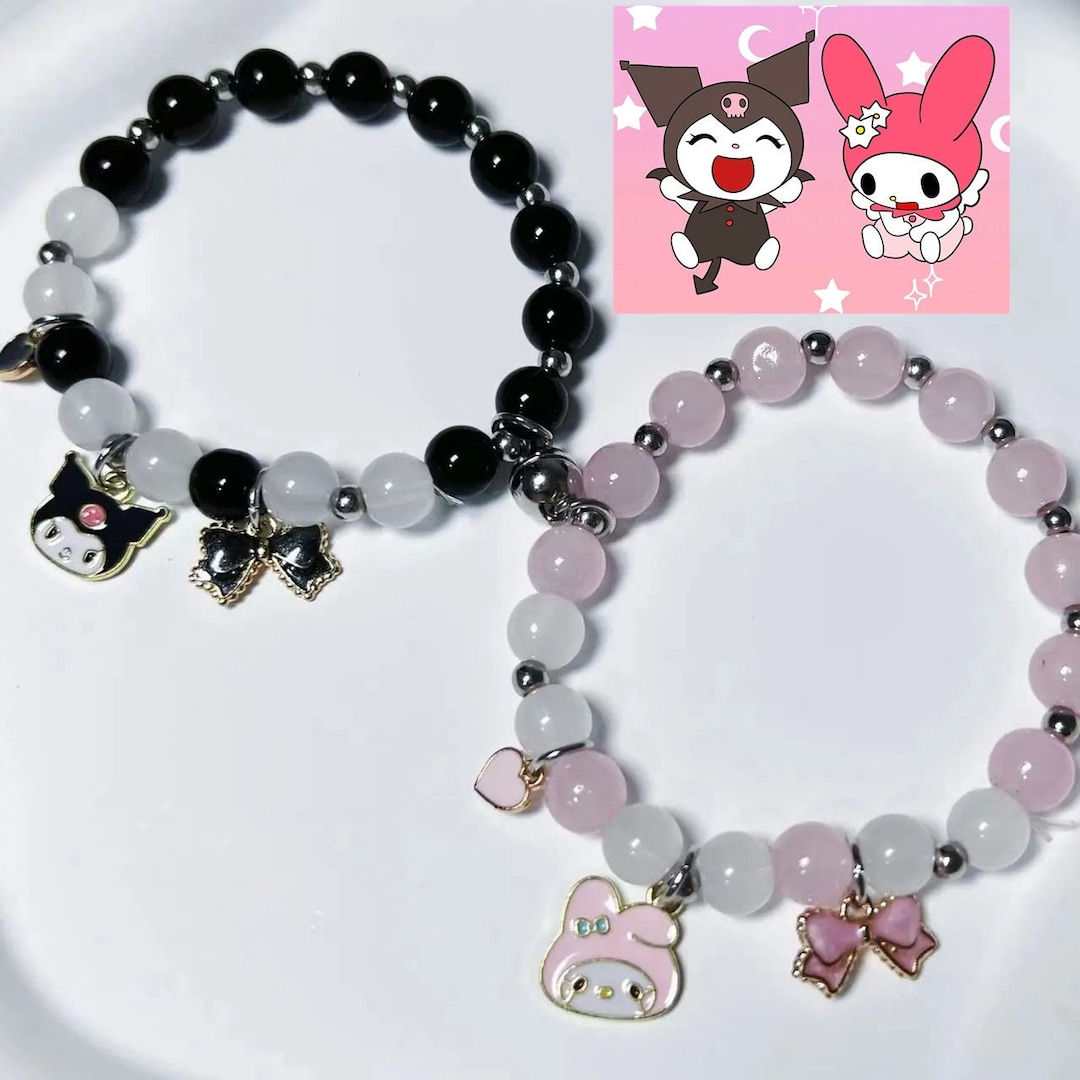 Custom Japanese Kuromi Black and My Melody Pink Matching Beaded Bracelets, Pair Beaded Bracelet, Y2k Aesthetics, Unique Gift for Her/Him