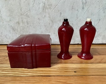 Vintage Red Carvanite Mid Century Salt and Pepper Shakers